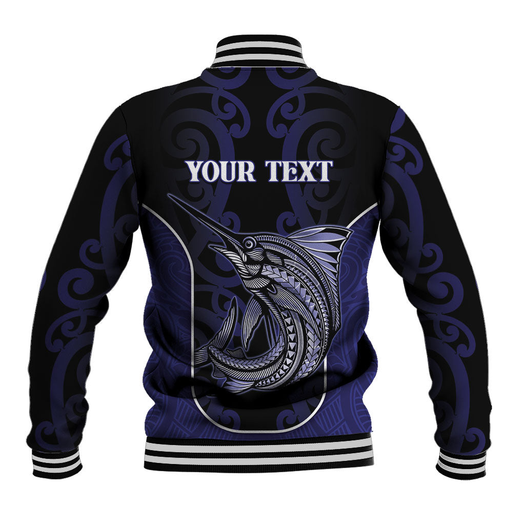 Personalised New Zealand Aotearoa Baseball Jacket Blue Marlin Fishing Maori Pattern