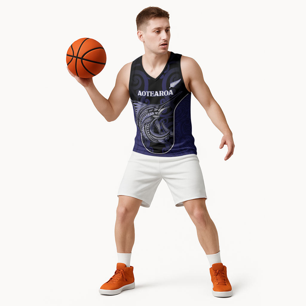 Personalised New Zealand Aotearoa Basketball Jersey Blue Marlin Fishing Maori Pattern LT05 - Polynesian Pride