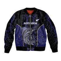 Personalised New Zealand Aotearoa Bomber Jacket Blue Marlin Fishing Maori Pattern LT05 Unisex Black - Polynesian Pride