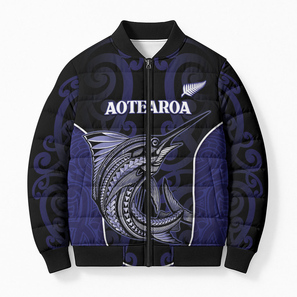 Personalised New Zealand Aotearoa Bomber Puffer Jacket Blue Marlin Fishing Maori Pattern