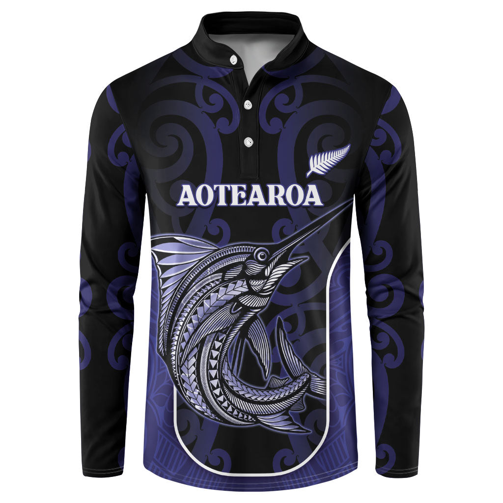 Personalised New Zealand Aotearoa Button Sweatshirt Blue Marlin Fishing Maori Pattern