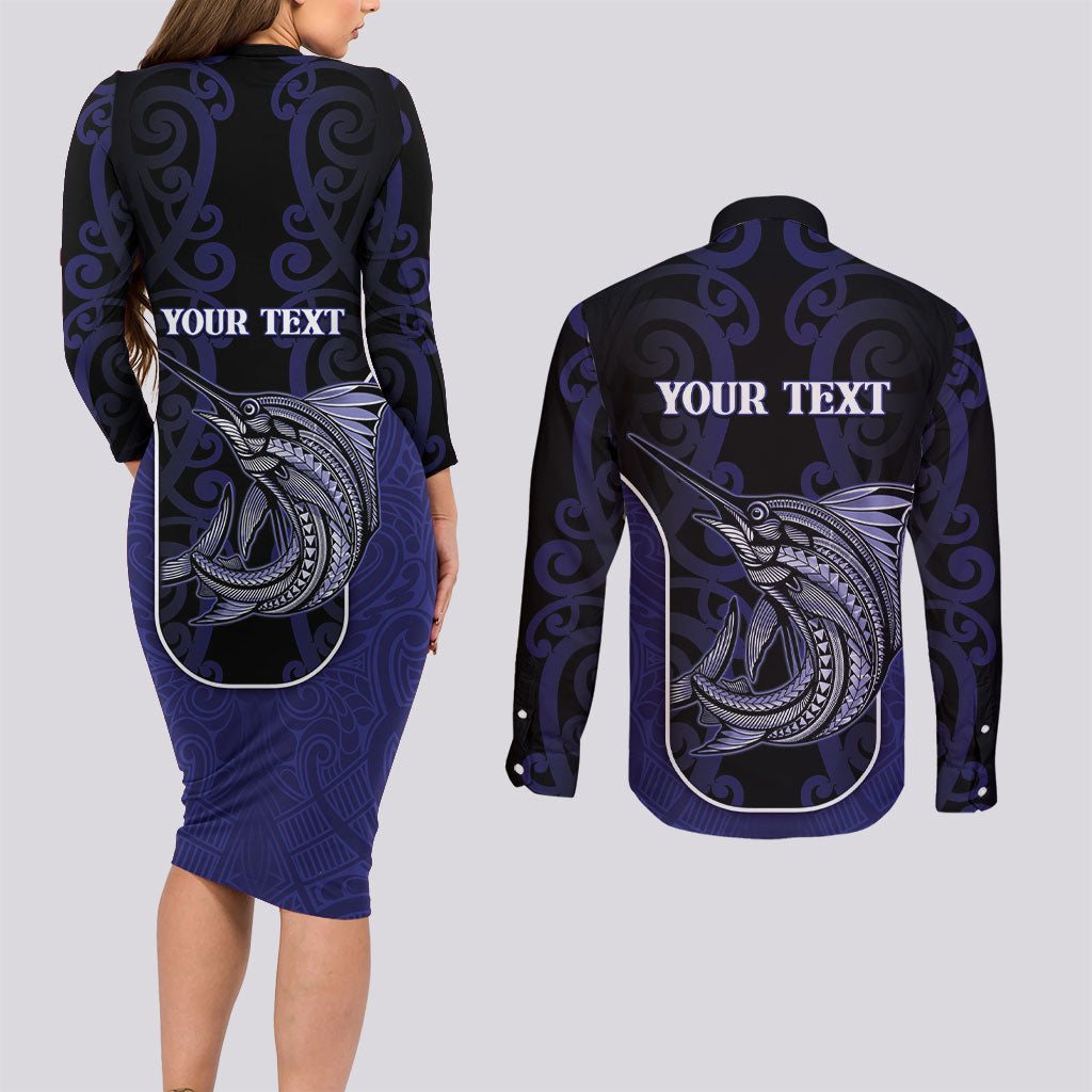 Personalised New Zealand Aotearoa Couples Matching Long Sleeve Bodycon Dress and Long Sleeve Button Shirt Blue Marlin Fishing Maori Pattern