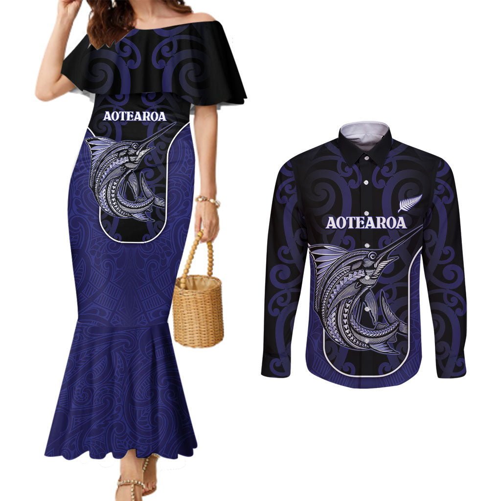 Personalised New Zealand Aotearoa Couples Matching Mermaid Dress and Long Sleeve Button Shirt Blue Marlin Fishing Maori Pattern