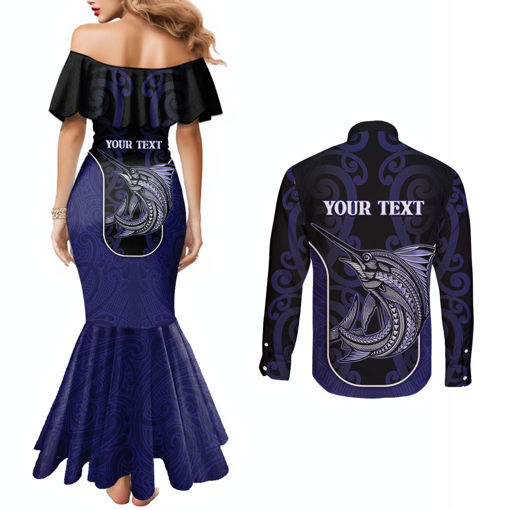 Personalised New Zealand Aotearoa Couples Matching Mermaid Dress and Long Sleeve Button Shirt Blue Marlin Fishing Maori Pattern