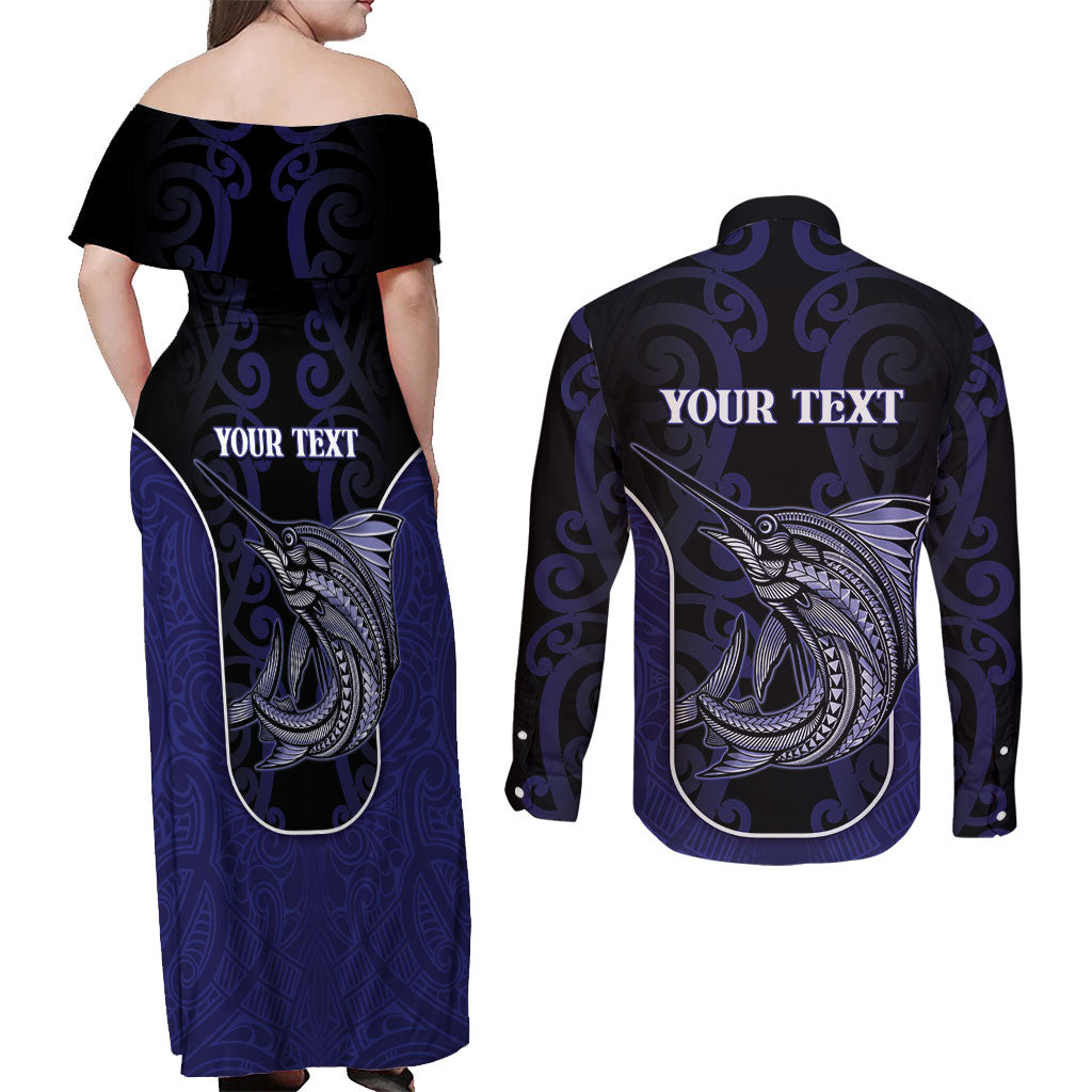 Personalised New Zealand Aotearoa Couples Matching Off Shoulder Maxi Dress and Long Sleeve Button Shirt Blue Marlin Fishing Maori Pattern LT05 - Polynesian Pride
