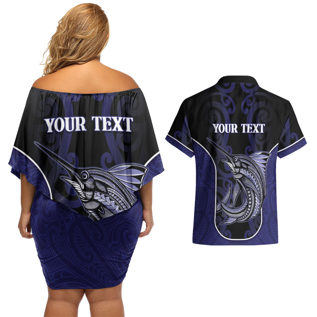 Personalised New Zealand Aotearoa Couples Matching Off Shoulder Short Dress and Hawaiian Shirt Blue Marlin Fishing Maori Pattern