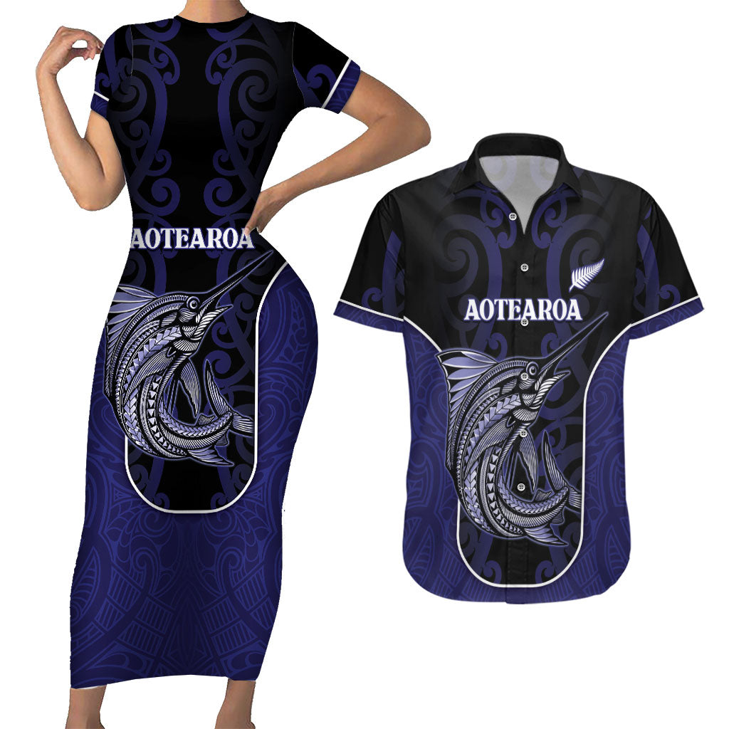 Personalised New Zealand Aotearoa Couples Matching Short Sleeve Bodycon Dress and Hawaiian Shirt Blue Marlin Fishing Maori Pattern LT05 Black - Polynesian Pride
