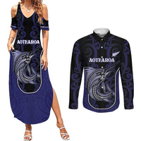 Personalised New Zealand Aotearoa Couples Matching Summer Maxi Dress and Long Sleeve Button Shirt Blue Marlin Fishing Maori Pattern LT05 Black - Polynesian Pride