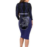 Personalised New Zealand Aotearoa Family Matching Long Sleeve Bodycon Dress and Hawaiian Shirt Blue Marlin Fishing Maori Pattern LT05 - Polynesian Pride