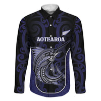 Personalised New Zealand Aotearoa Family Matching Mermaid Dress and Hawaiian Shirt Blue Marlin Fishing Maori Pattern LT05 Dad's Shirt - Long Sleeve Black - Polynesian Pride