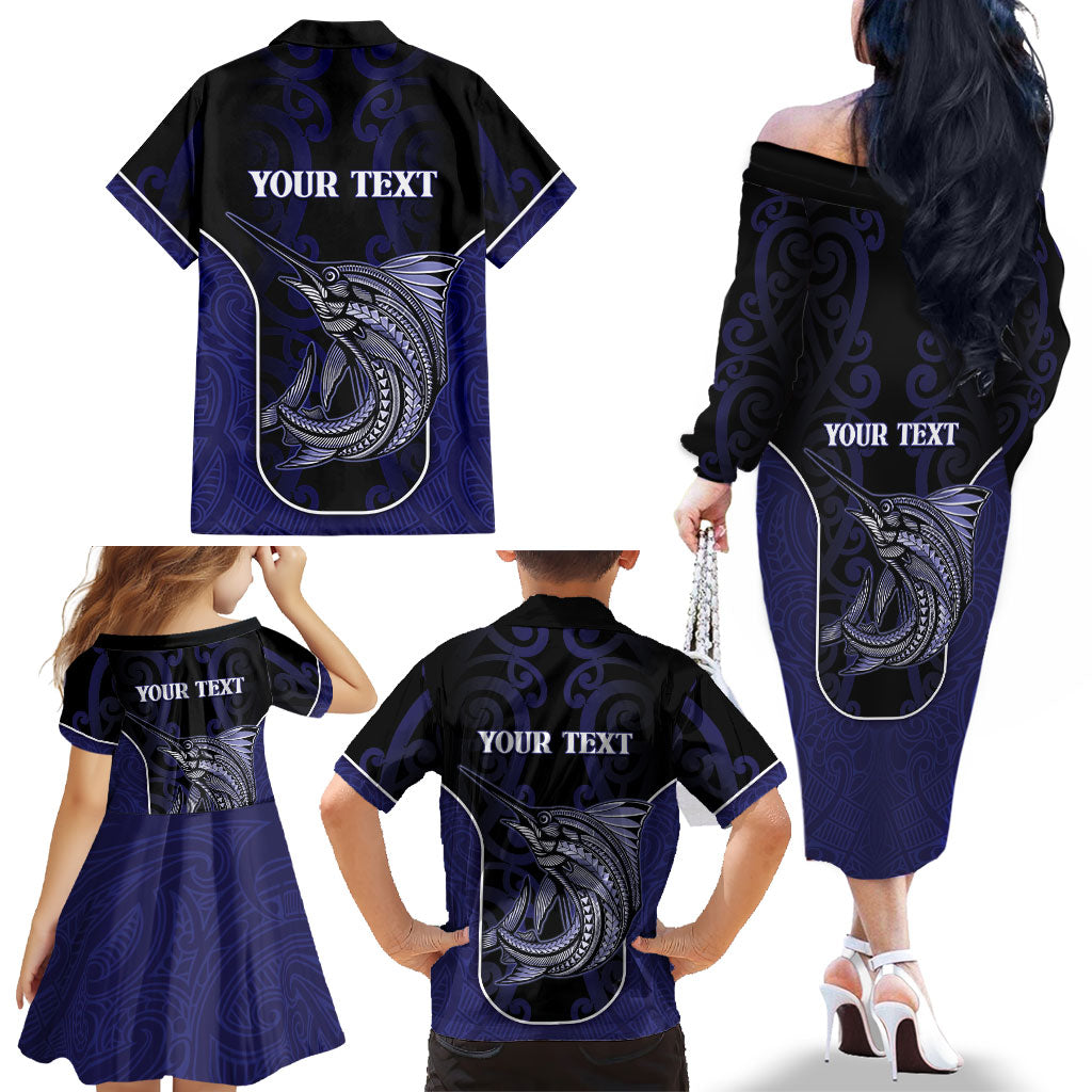 Personalised New Zealand Aotearoa Family Matching Off The Shoulder Long Sleeve Dress and Hawaiian Shirt Blue Marlin Fishing Maori Pattern LT05 - Polynesian Pride