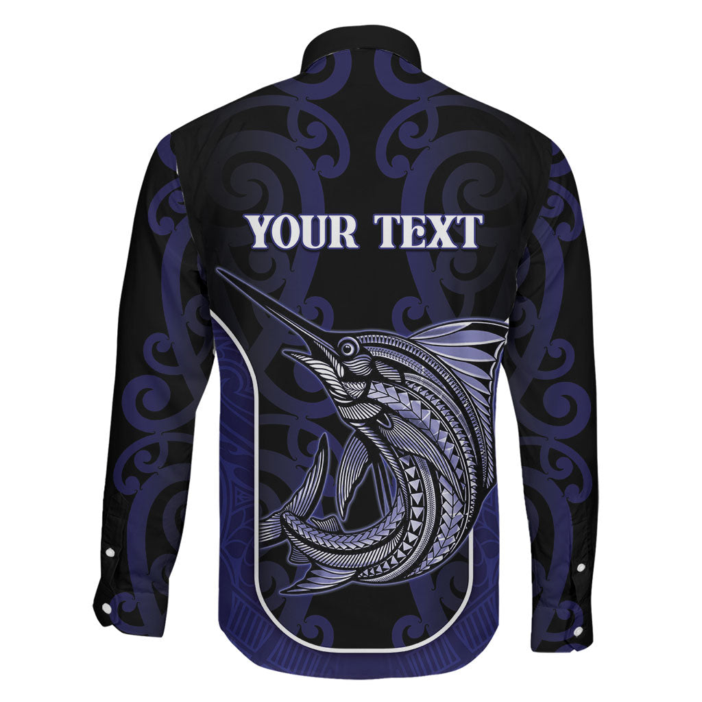 Personalised New Zealand Aotearoa Family Matching Off The Shoulder Long Sleeve Dress and Hawaiian Shirt Blue Marlin Fishing Maori Pattern LT05 - Polynesian Pride