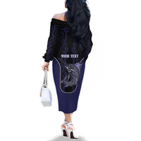 Personalised New Zealand Aotearoa Family Matching Off The Shoulder Long Sleeve Dress and Hawaiian Shirt Blue Marlin Fishing Maori Pattern LT05 - Polynesian Pride