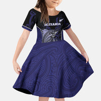 Personalised New Zealand Aotearoa Family Matching Off Shoulder Maxi Dress and Hawaiian Shirt Blue Marlin Fishing Maori Pattern LT05 Daughter's Dress Black - Polynesian Pride