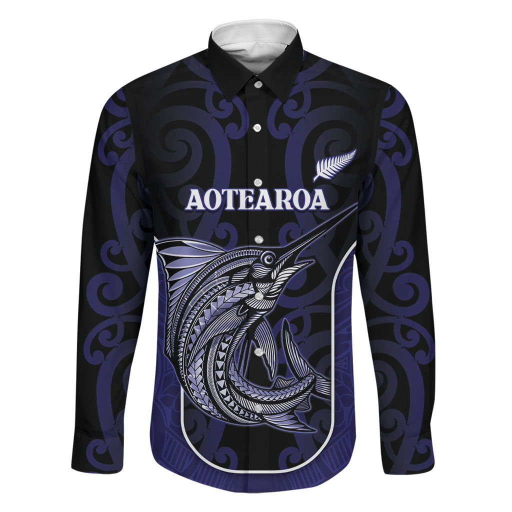 Personalised New Zealand Aotearoa Family Matching Off Shoulder Maxi Dress and Hawaiian Shirt Blue Marlin Fishing Maori Pattern LT05 Dad's Shirt - Long Sleeve Black - Polynesian Pride