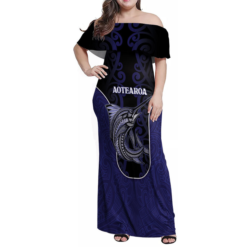 Personalised New Zealand Aotearoa Family Matching Off Shoulder Maxi Dress and Hawaiian Shirt Blue Marlin Fishing Maori Pattern LT05 Mom's Dress Black - Polynesian Pride