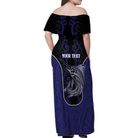 Personalised New Zealand Aotearoa Family Matching Off Shoulder Maxi Dress and Hawaiian Shirt Blue Marlin Fishing Maori Pattern LT05 - Polynesian Pride