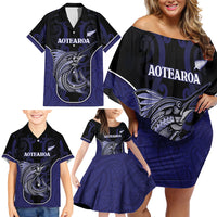 Personalised New Zealand Aotearoa Family Matching Off Shoulder Short Dress and Hawaiian Shirt Blue Marlin Fishing Maori Pattern LT05 - Polynesian Pride
