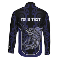 Personalised New Zealand Aotearoa Family Matching Short Sleeve Bodycon Dress and Hawaiian Shirt Blue Marlin Fishing Maori Pattern LT05 - Polynesian Pride