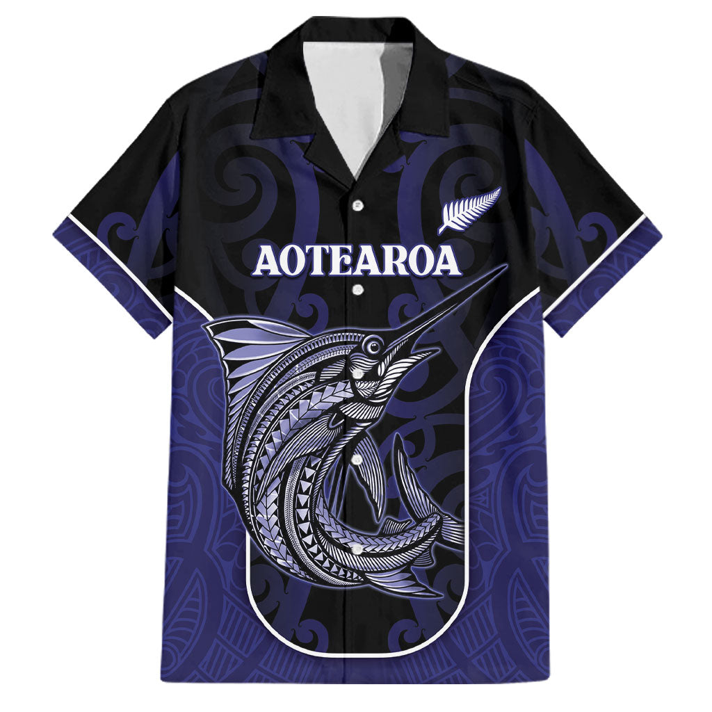 Personalised New Zealand Aotearoa Family Matching Tank Maxi Dress and Hawaiian Shirt Blue Marlin Fishing Maori Pattern LT05 Dad's Shirt - Short Sleeve Black - Polynesian Pride