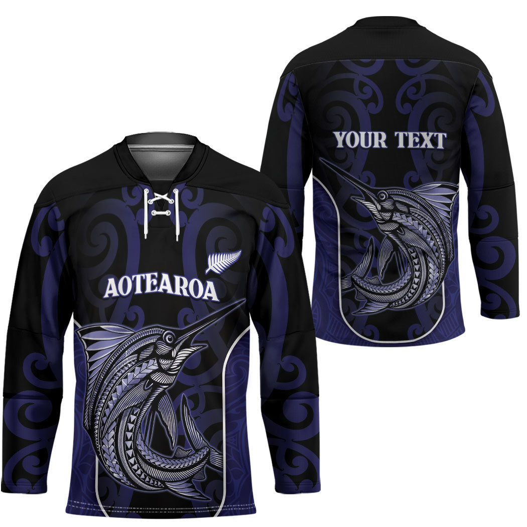 Personalised New Zealand Aotearoa Hockey Jersey Blue Marlin Fishing Maori Pattern