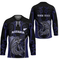 Personalised New Zealand Aotearoa Hockey Jersey Blue Marlin Fishing Maori Pattern