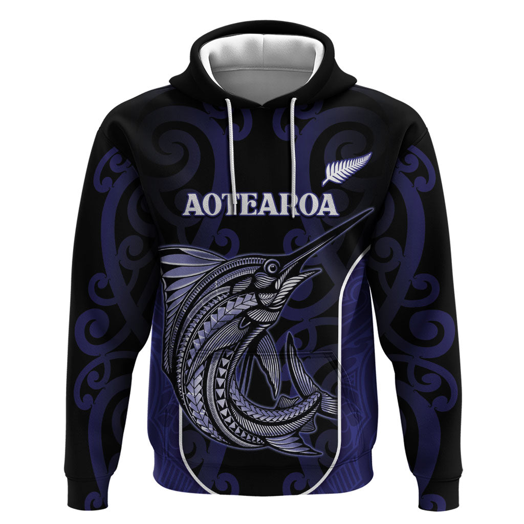 Personalised New Zealand Aotearoa Hoodie Blue Marlin Fishing Maori Pattern