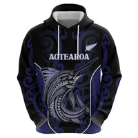 Personalised New Zealand Aotearoa Hoodie Blue Marlin Fishing Maori Pattern