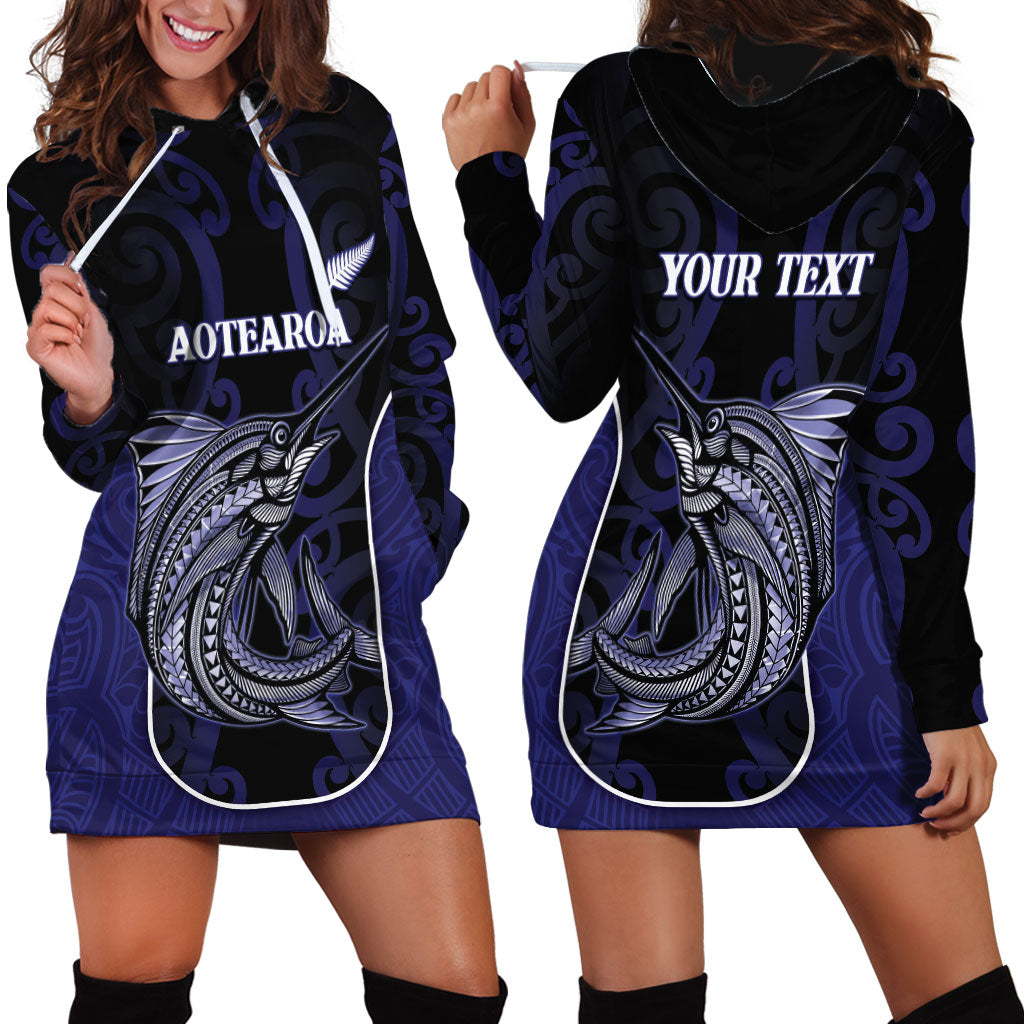 Personalised New Zealand Aotearoa Hoodie Dress Blue Marlin Fishing Maori Pattern LT05 - Polynesian Pride