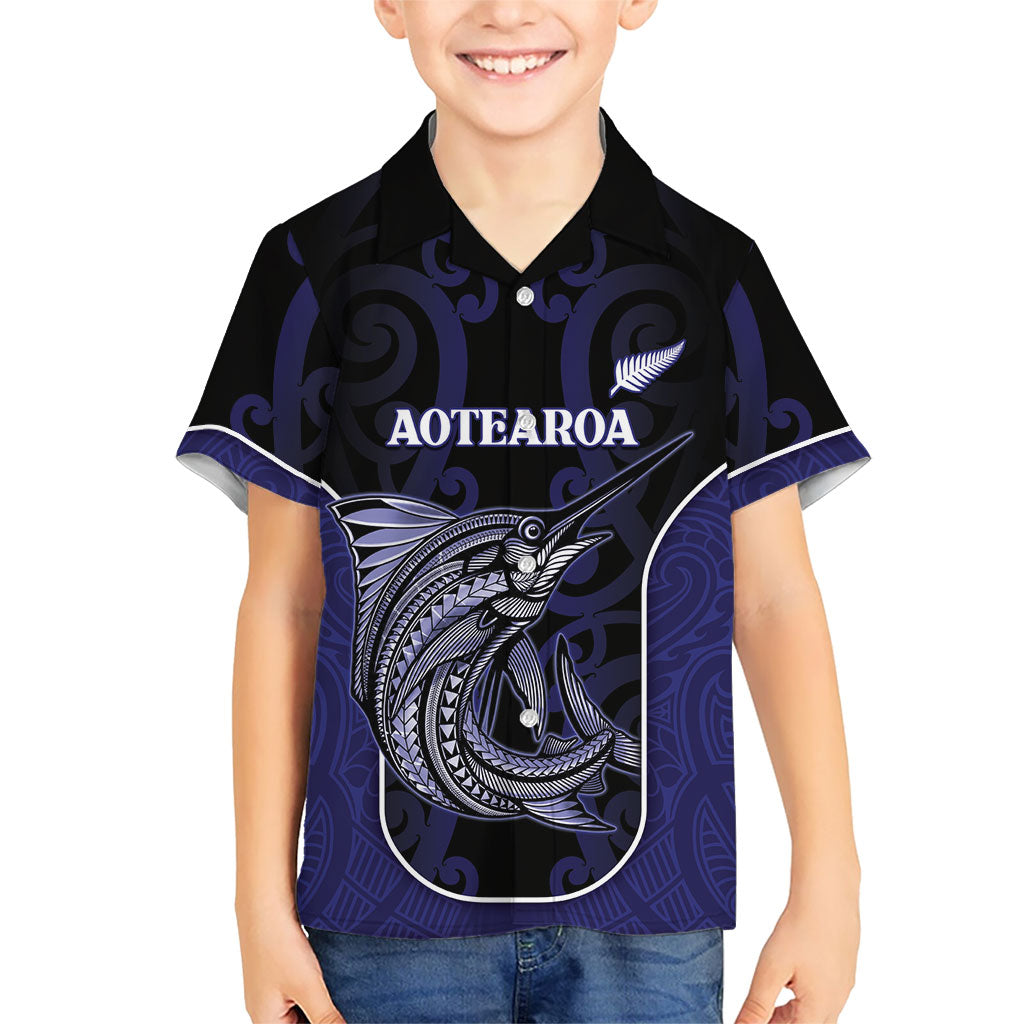 Personalised New Zealand Aotearoa Kid Hawaiian Shirt Blue Marlin Fishing Maori Pattern LT05 Kid Black - Polynesian Pride