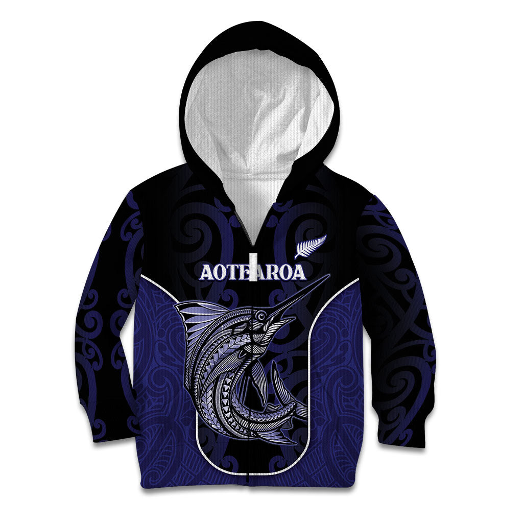 Personalised New Zealand Aotearoa Kid Hoodie Blue Marlin Fishing Maori Pattern LT05 Zip Hoodie Black - Polynesian Pride
