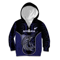 Personalised New Zealand Aotearoa Kid Hoodie Blue Marlin Fishing Maori Pattern LT05 Zip Hoodie Black - Polynesian Pride