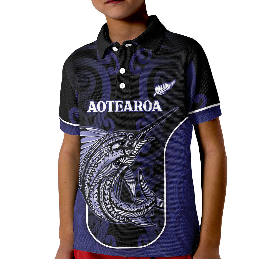 Personalised New Zealand Aotearoa Kid Polo Shirt Blue Marlin Fishing Maori Pattern