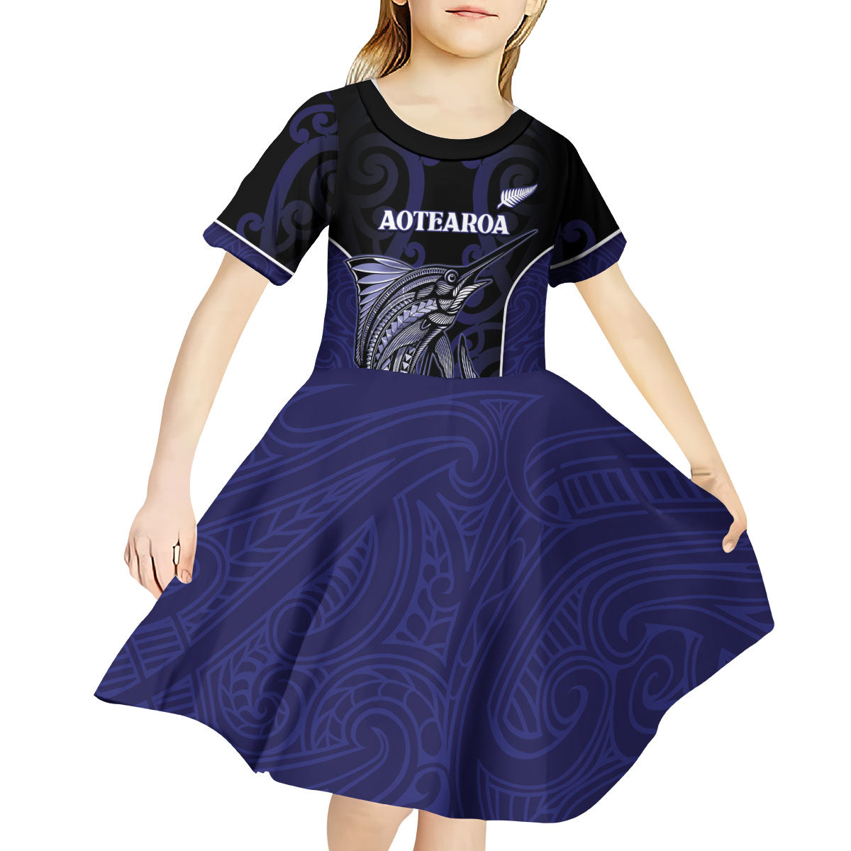 Personalised New Zealand Aotearoa Kid Short Sleeve Dress Blue Marlin Fishing Maori Pattern LT05 - Polynesian Pride