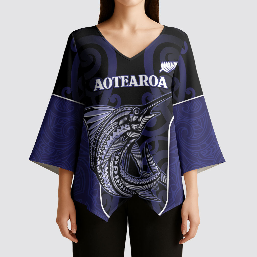 Personalised New Zealand Aotearoa Kimono Sleeve Blouse Blue Marlin Fishing Maori Pattern