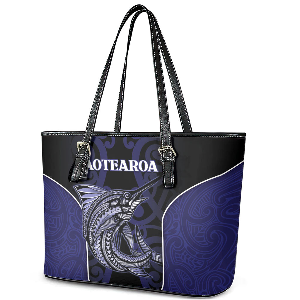 New Zealand Aotearoa Leather Tote Bag Blue Marlin Fishing Maori Pattern