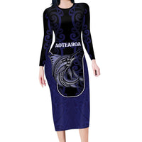Personalised New Zealand Aotearoa Long Sleeve Bodycon Dress Blue Marlin Fishing Maori Pattern LT05 Long Dress Black - Polynesian Pride