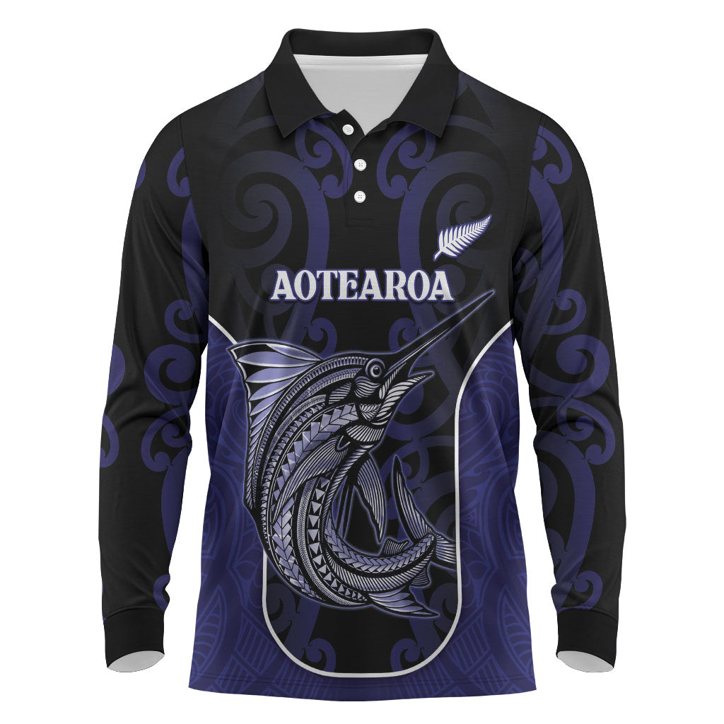 Personalised New Zealand Aotearoa Long Sleeve Polo Shirt Blue Marlin Fishing Maori Pattern