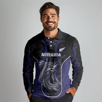 Personalised New Zealand Aotearoa Long Sleeve Polo Shirt Blue Marlin Fishing Maori Pattern LT05 - Polynesian Pride