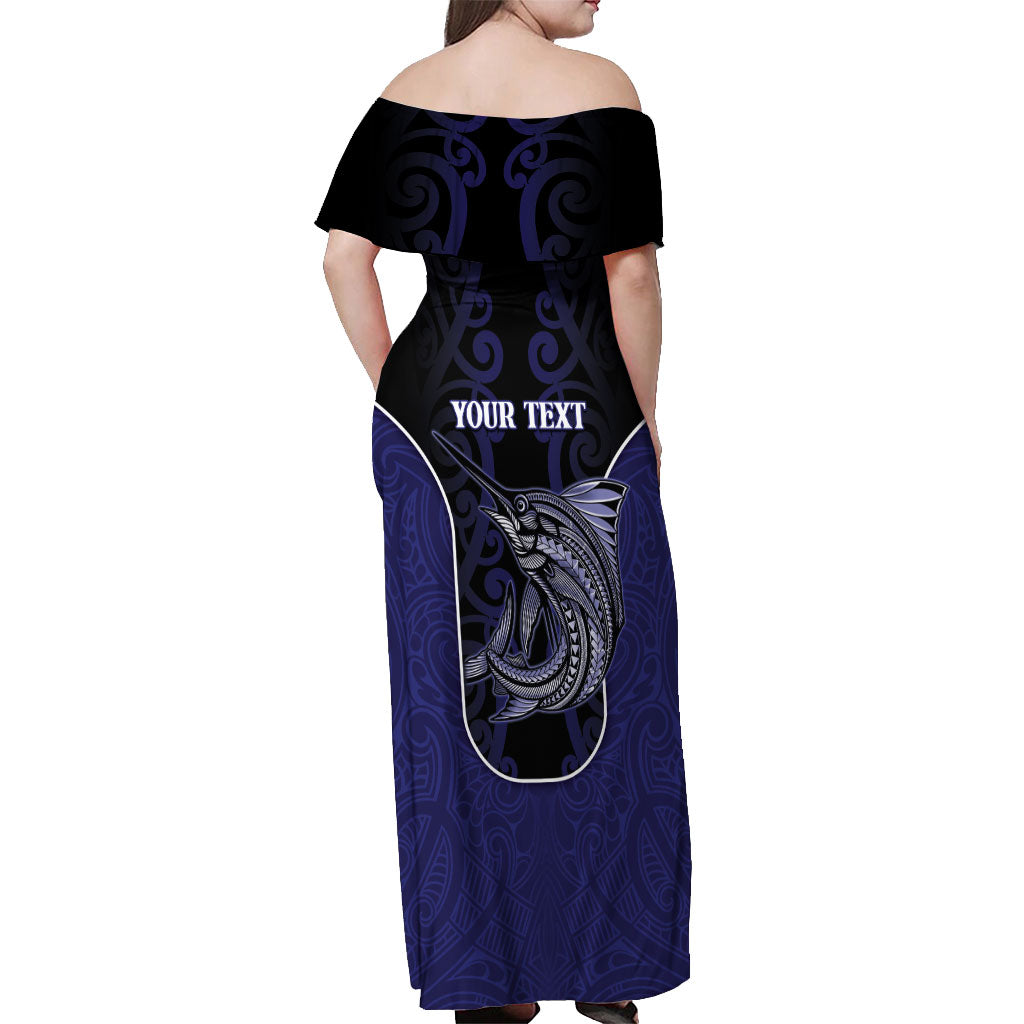 Personalised New Zealand Aotearoa Off Shoulder Maxi Dress Blue Marlin Fishing Maori Pattern LT05 - Polynesian Pride