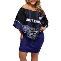 Personalised New Zealand Aotearoa Off Shoulder Short Dress Blue Marlin Fishing Maori Pattern LT05 Women Black - Polynesian Pride
