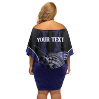 Personalised New Zealand Aotearoa Off Shoulder Short Dress Blue Marlin Fishing Maori Pattern LT05 - Polynesian Pride