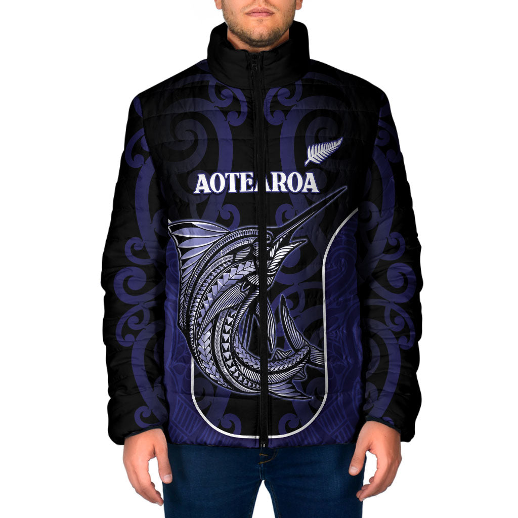 Personalised New Zealand Aotearoa Padded Jacket Blue Marlin Fishing Maori Pattern