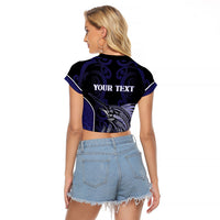 Personalised New Zealand Aotearoa Raglan Cropped T Shirt Blue Marlin Fishing Maori Pattern LT05 - Polynesian Pride