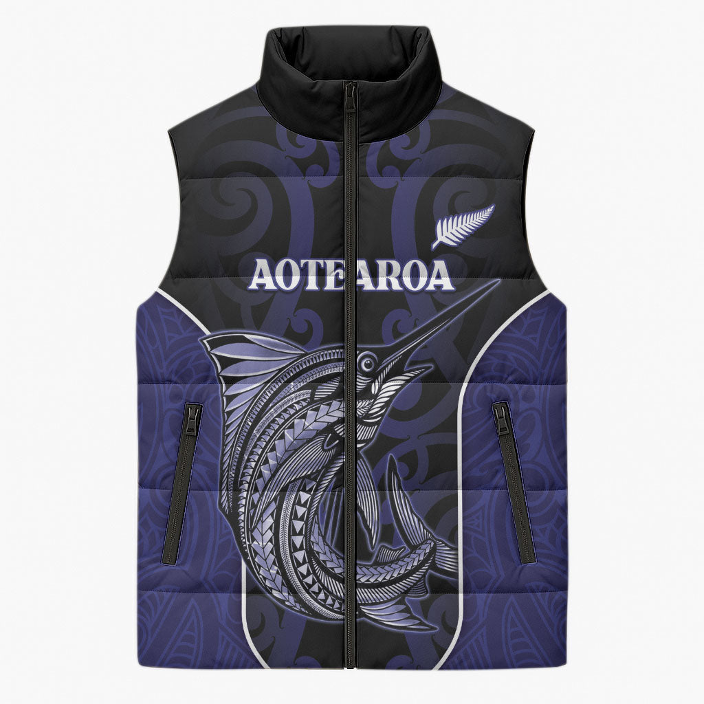 Personalised New Zealand Aotearoa Sleeveless Puffer Jacket Blue Marlin Fishing Maori Pattern LT05 Unisex Black - Polynesian Pride