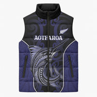 Personalised New Zealand Aotearoa Sleeveless Puffer Jacket Blue Marlin Fishing Maori Pattern LT05 Unisex Black - Polynesian Pride