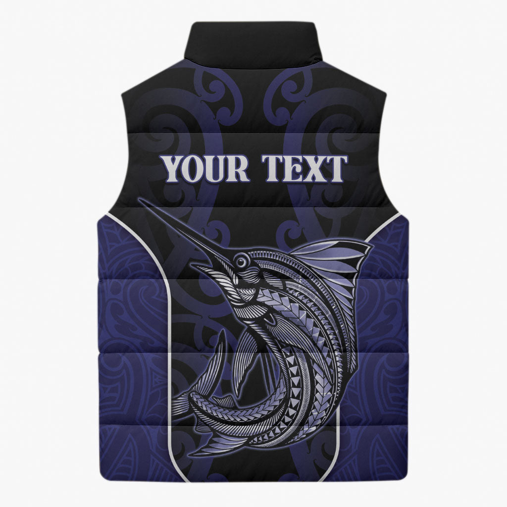 Personalised New Zealand Aotearoa Sleeveless Puffer Jacket Blue Marlin Fishing Maori Pattern LT05 - Polynesian Pride
