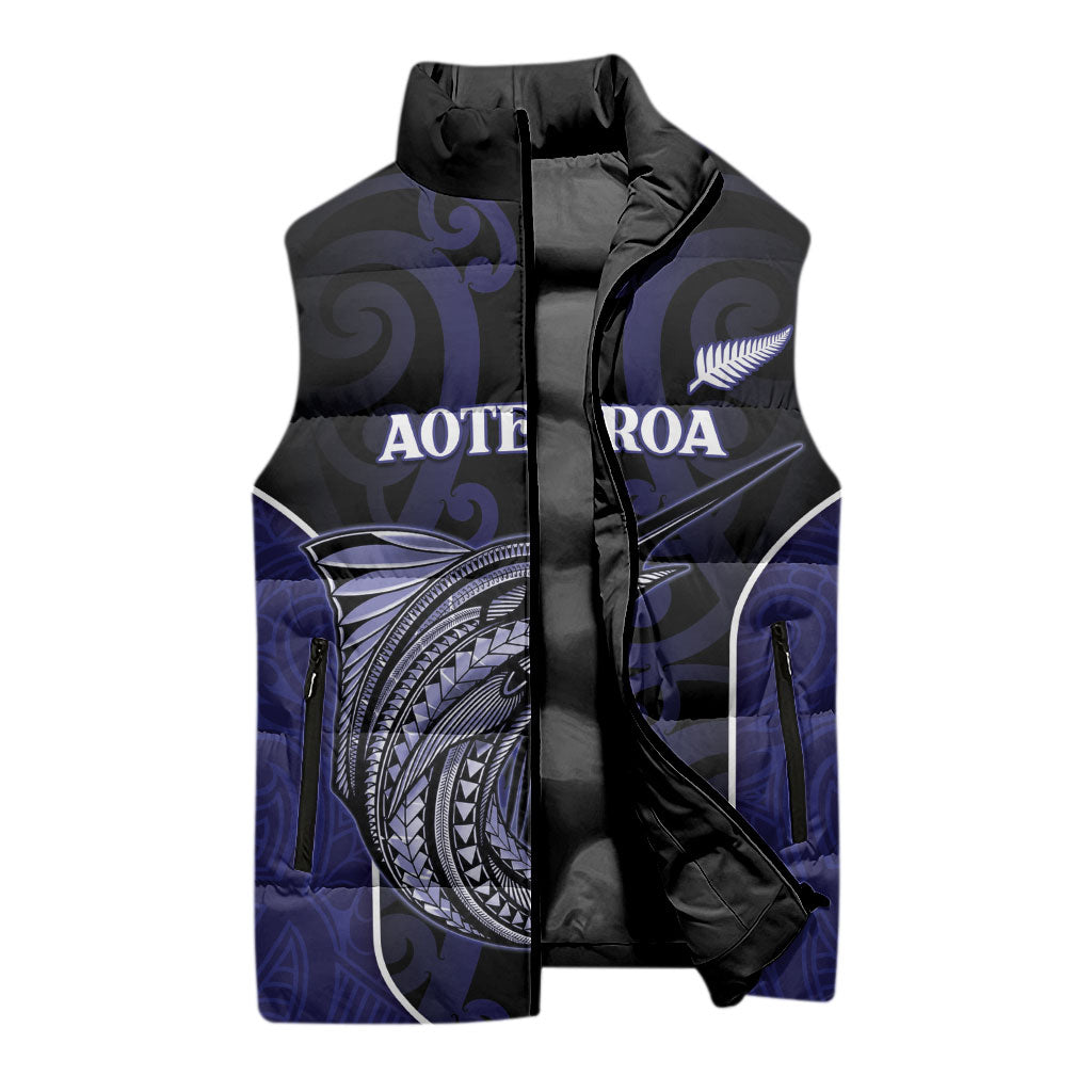 Personalised New Zealand Aotearoa Sleeveless Puffer Jacket Blue Marlin Fishing Maori Pattern LT05 - Polynesian Pride