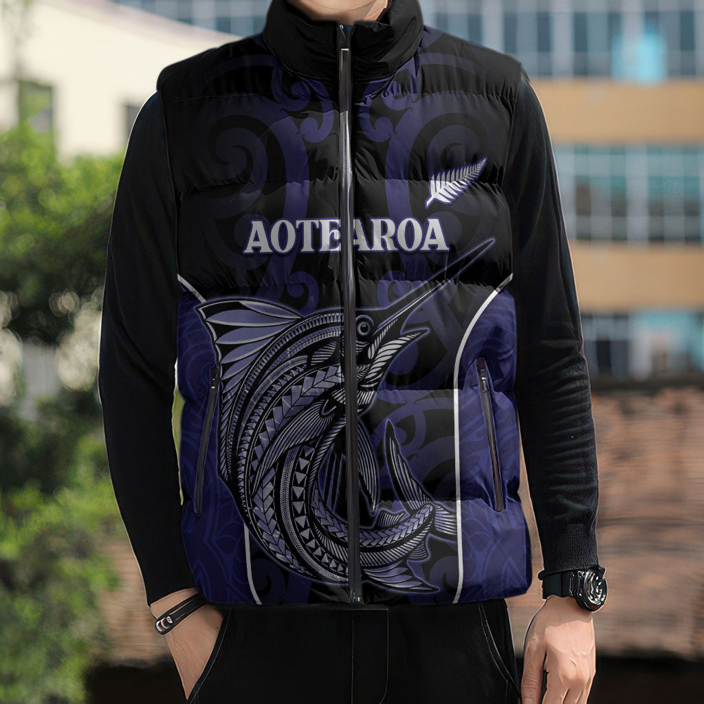 Personalised New Zealand Aotearoa Sleeveless Puffer Jacket Blue Marlin Fishing Maori Pattern LT05 - Polynesian Pride