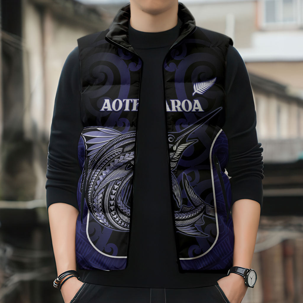Personalised New Zealand Aotearoa Sleeveless Puffer Jacket Blue Marlin Fishing Maori Pattern LT05 - Polynesian Pride